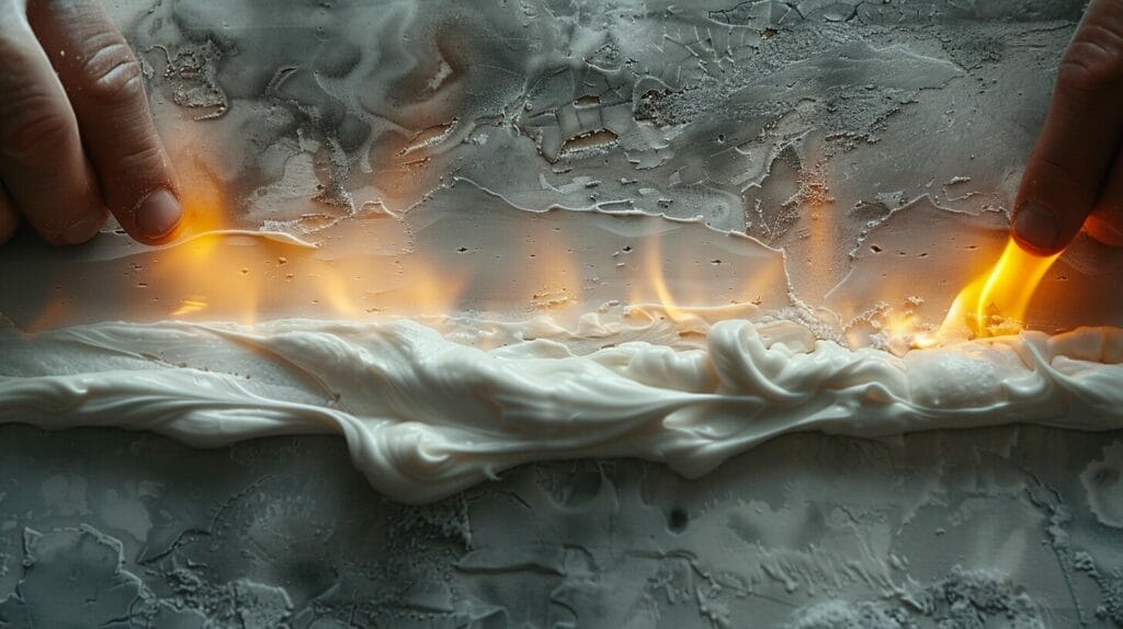 a close-up of a small flame being held close to a line of silicone caulk on a wall