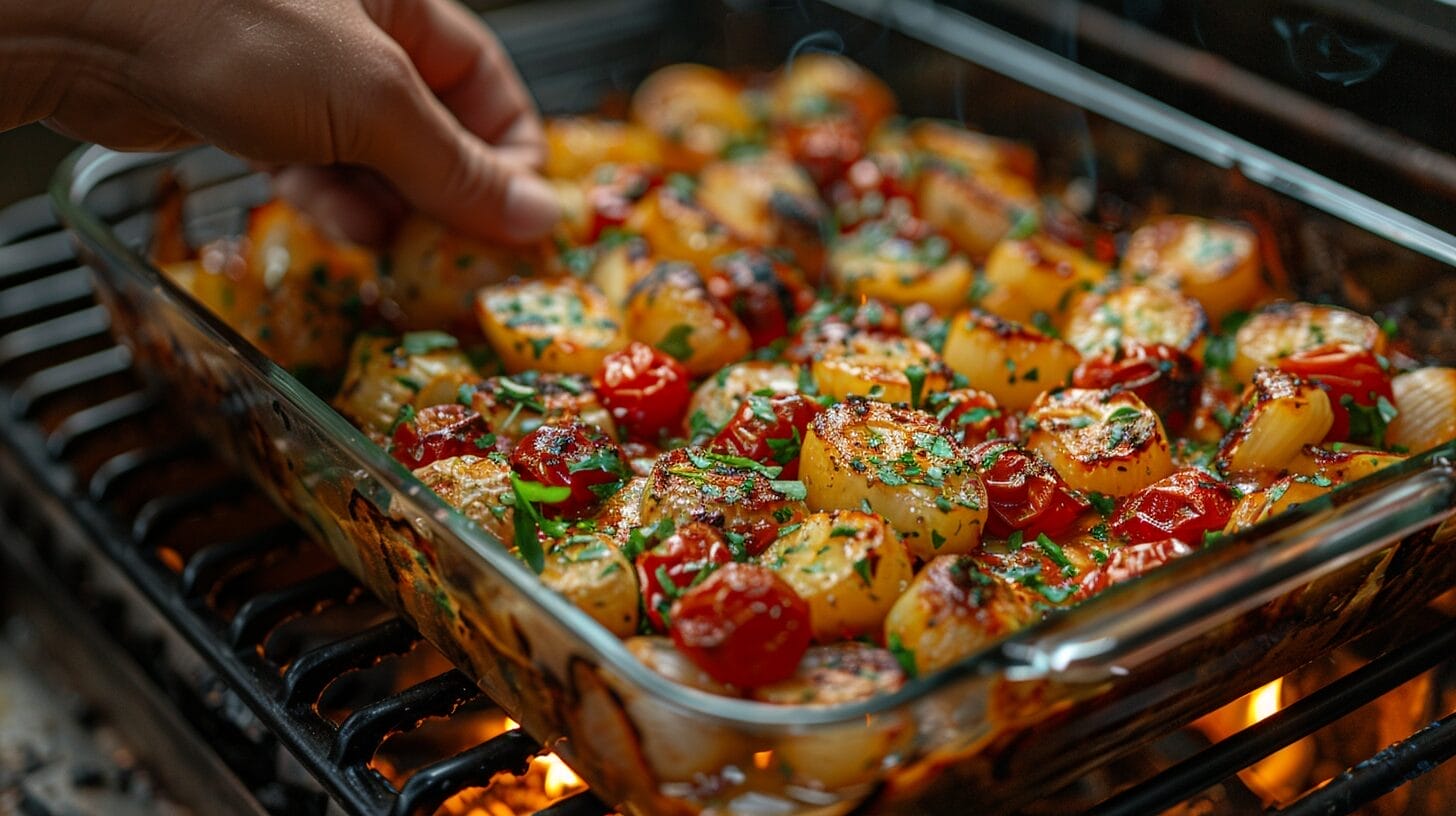 a hand placing a glass dish filled with food into a preheated oven