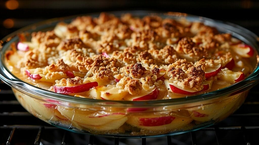 a mouthwatering apple crumble baking in a pristine, uncracked glass dish in the oven