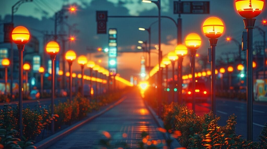 A city street at night illuminated by various types of solar street lights.