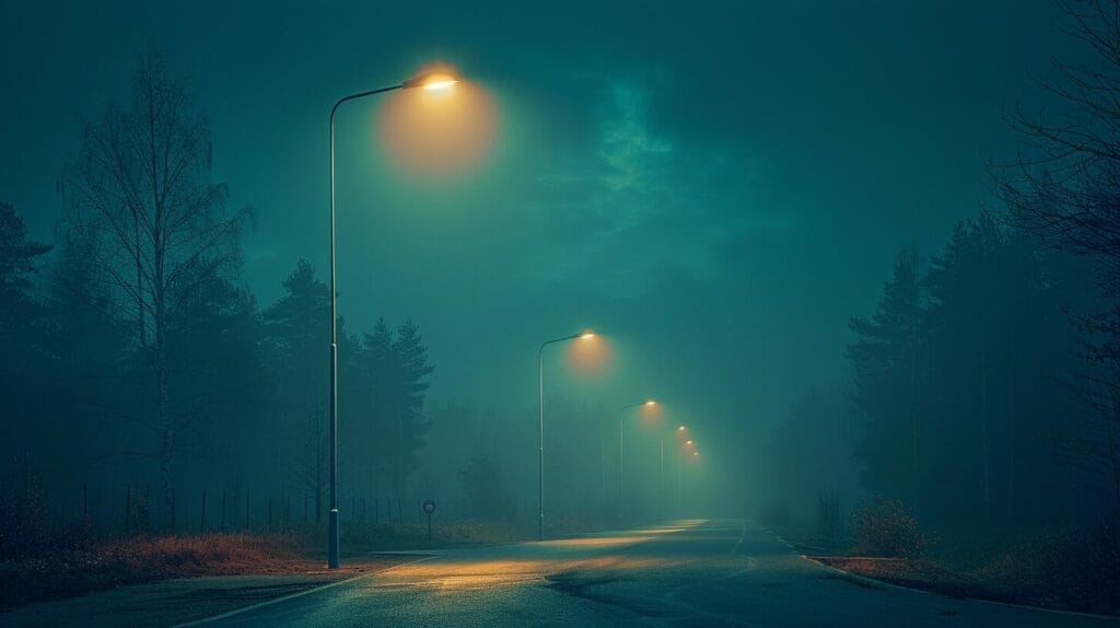 A mercury vapor street light emitting a distinct bluish-green glow against the night sky.