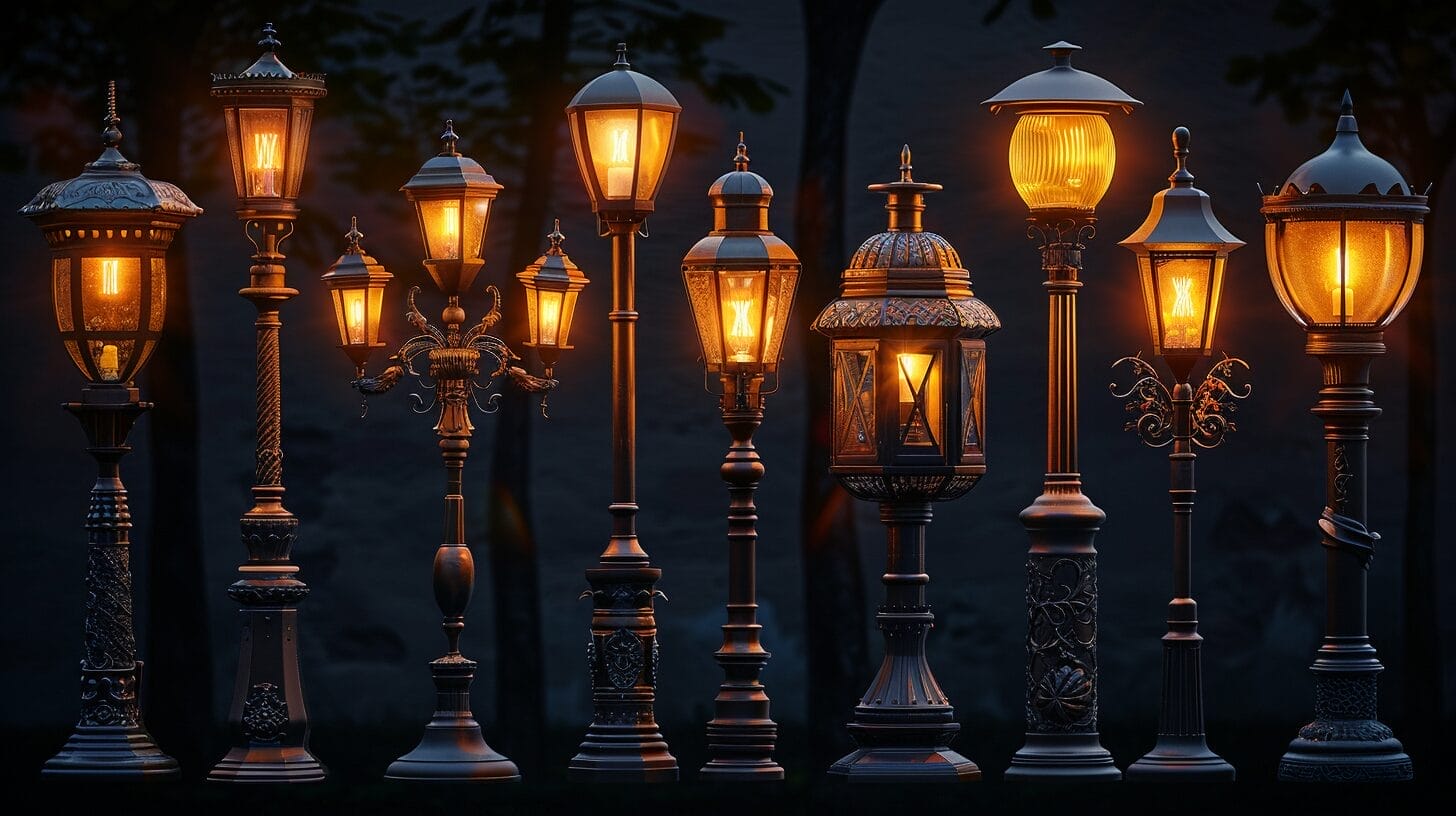 A variety of street light designs including cobra head, acorn, and decorative lantern styles.