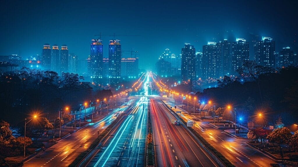 Modern cityscape at night illuminated by energy-efficient LED street lights.