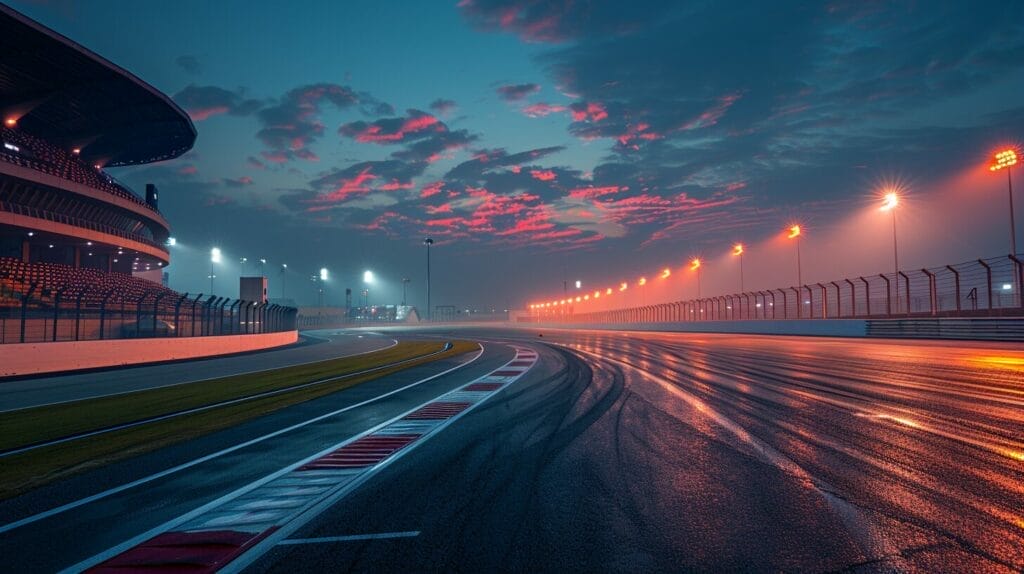 Nighttime racetrack showcasing the evolution of lighting technologies, from incandescent bulbs to modern LED fixtures.