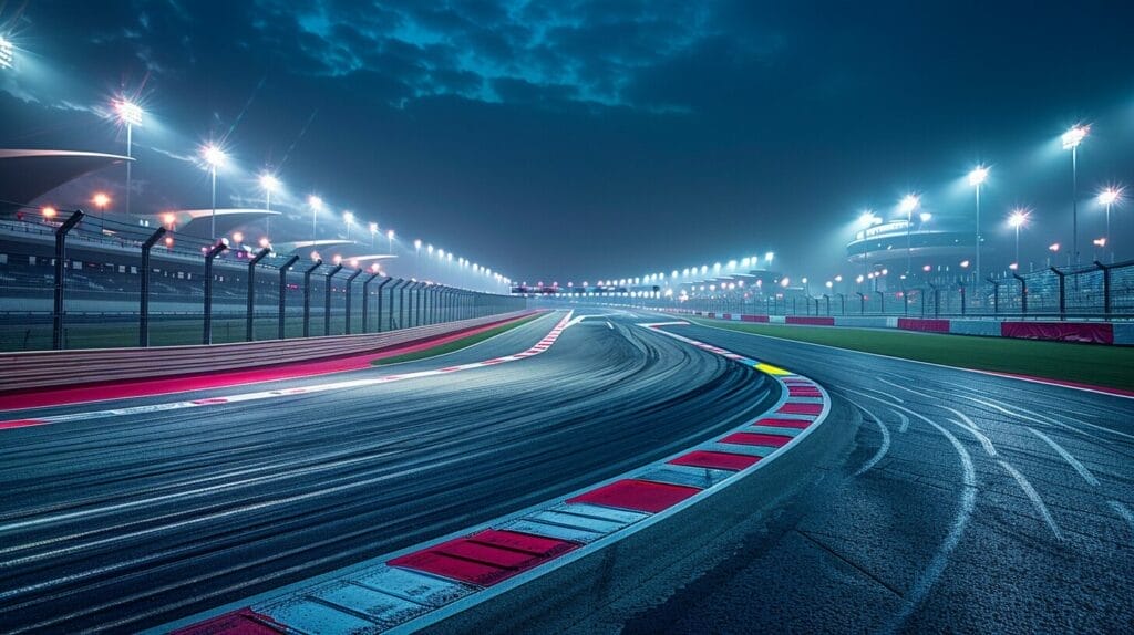 Race track at night illuminated by bright, energy-efficient LED lights, enhancing visibility and safety.