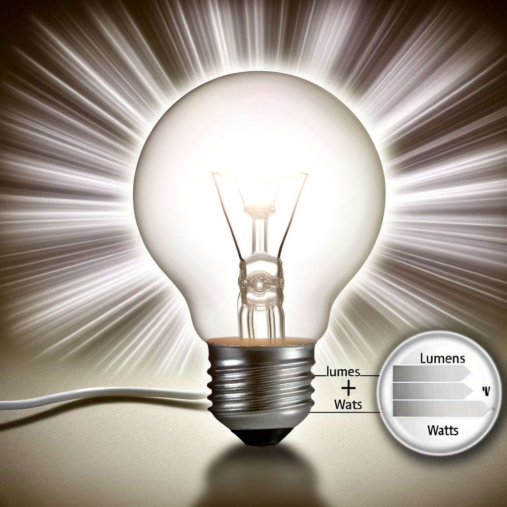 How Many Lumens in a 100 Watt Bulb featuring a 100-watt bulb with light rays and invisible power cord.