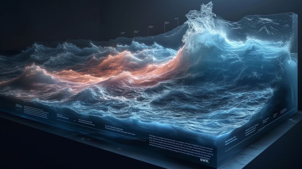 Standing Wave Ratio Formula featuring 3D wave diagram with forward and reflected waves, varying amplitudes for SWR.