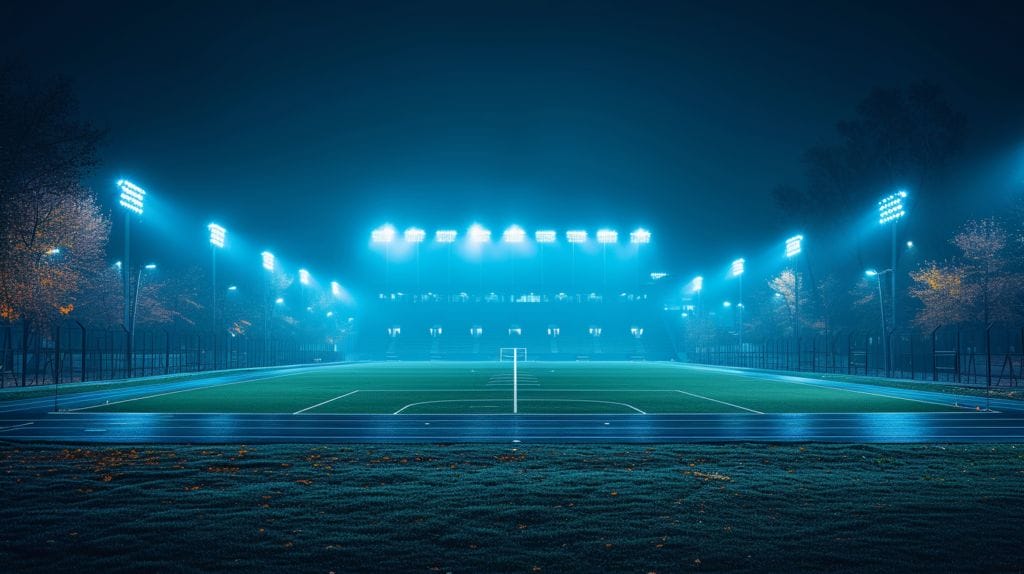 500W LED flood light, outdoor stadium at night, bright, wide coverage.