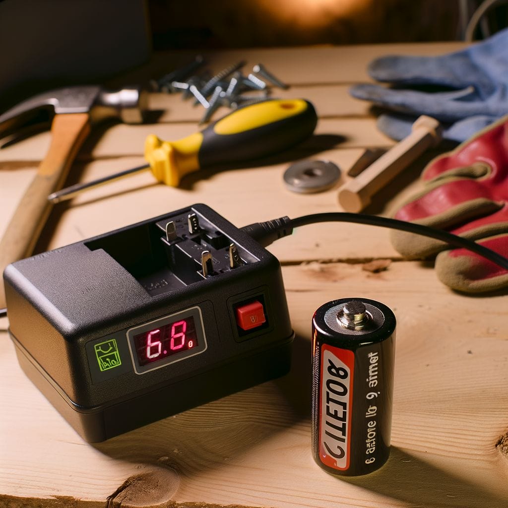 How Long to Charge a 6 Volt Battery featuring a 6-volt battery, charger, timer, workbench