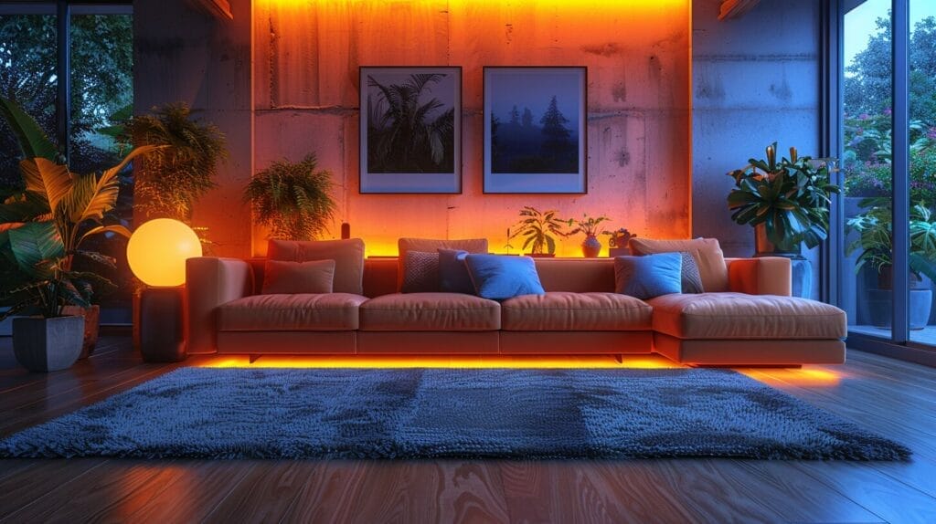 A cozy living room with a 2700k LED lamp compared to cooler-toned lighting options