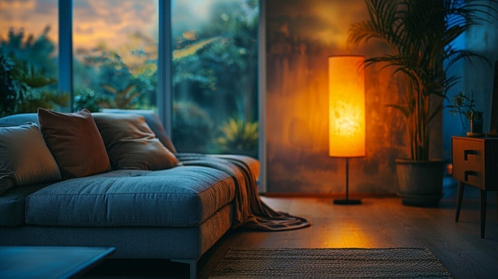 A cozy living room with warm 2700k LED lighting compared with a cool blue light source