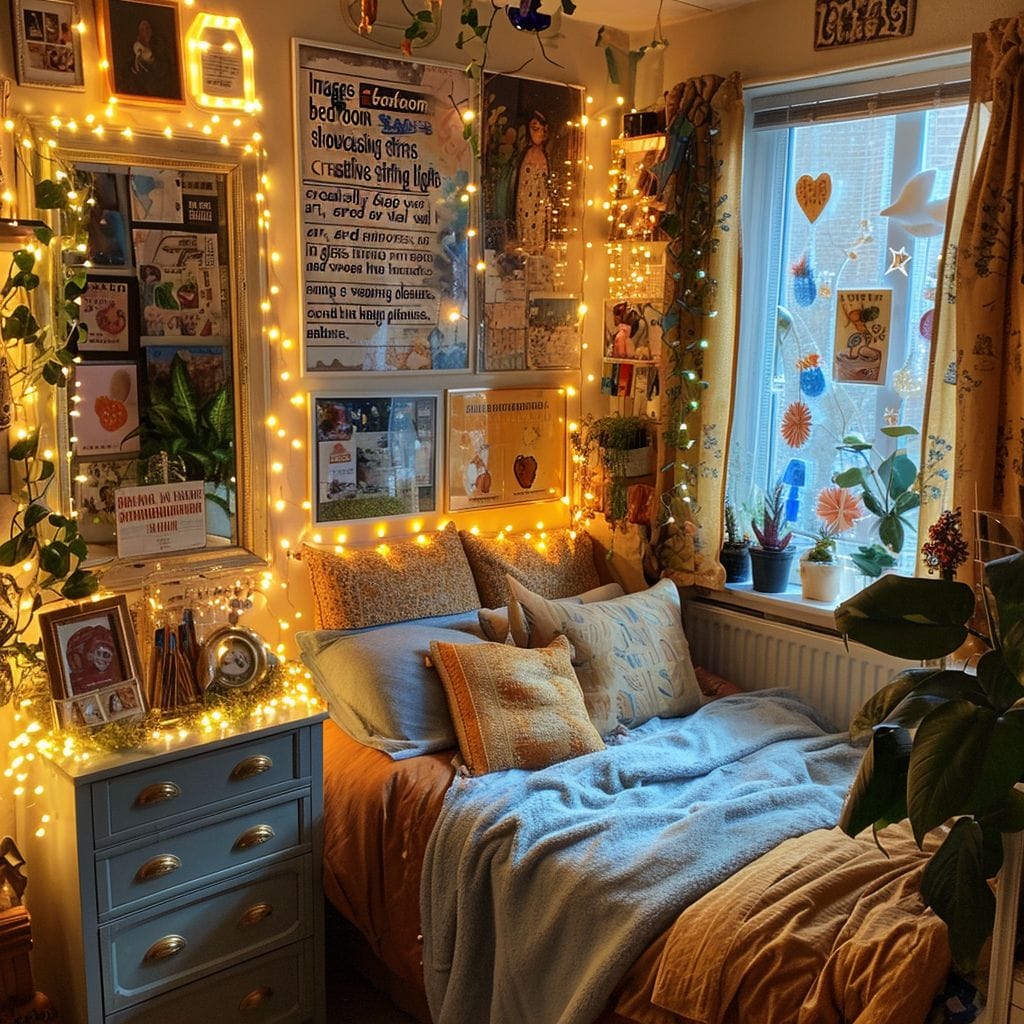 Bedrooms with string lights over wall art, mirrors, in jars, and plants