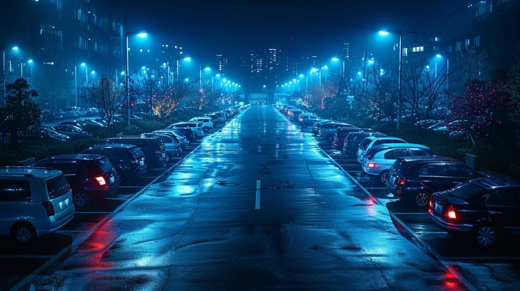 Brightly illuminated parking lot at night with clear visibility of spaces and walkways.
