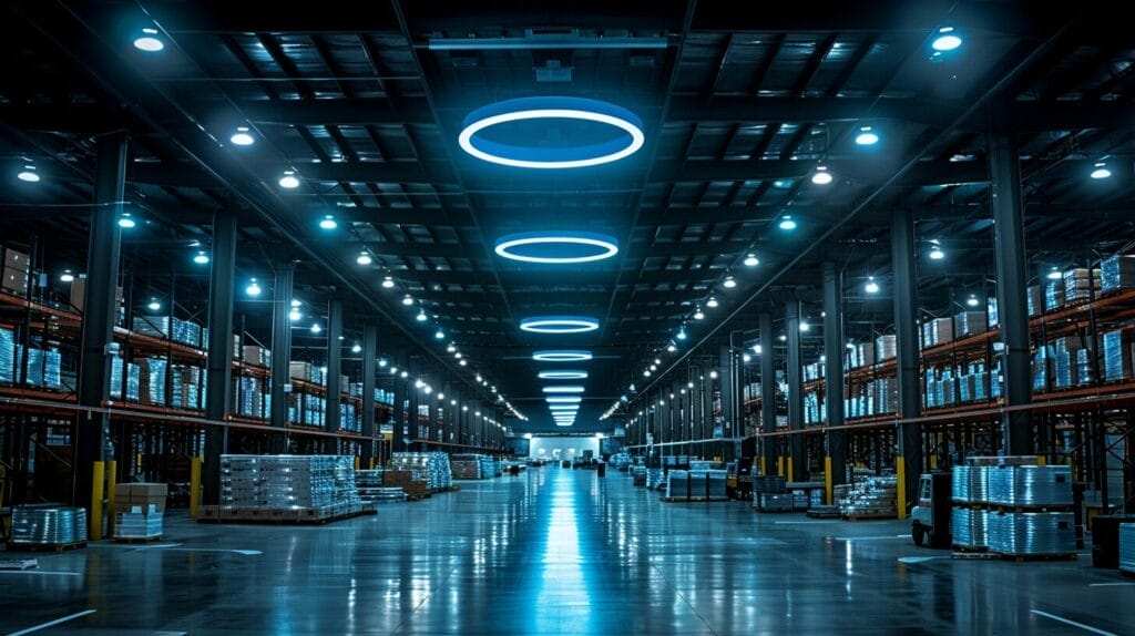 Brightly lit warehouse with energy-efficient UFO lights