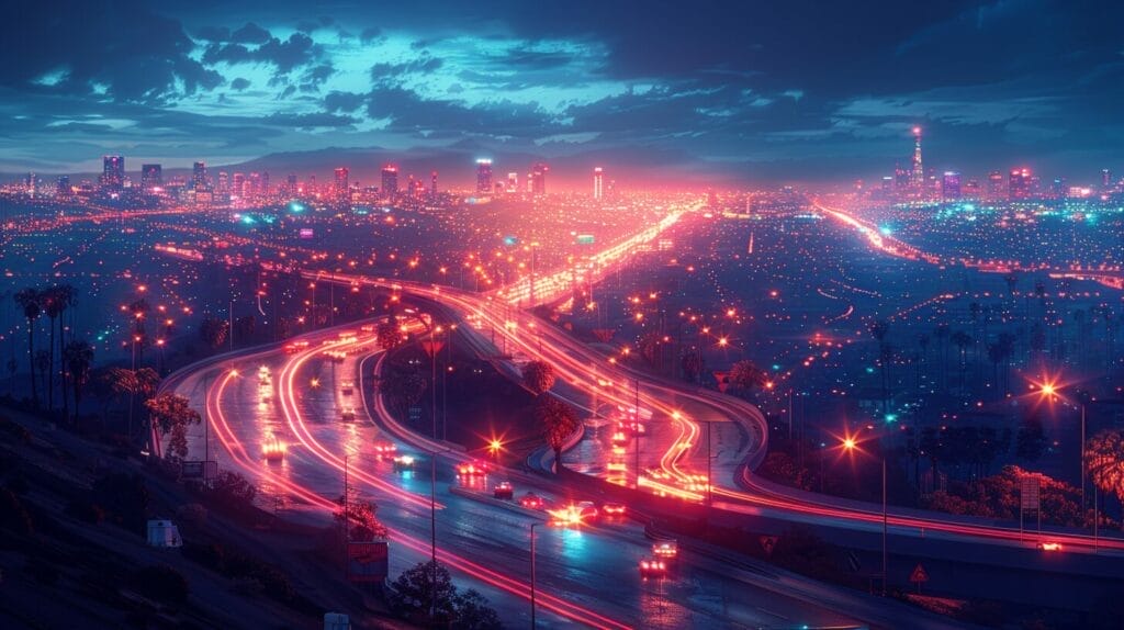 Busy highway interchange at night with high mast lighting.