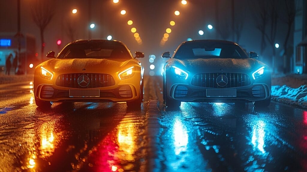 Car with bright white HID headlights driving on a dark road next to a car with dim yellow halogen headlights