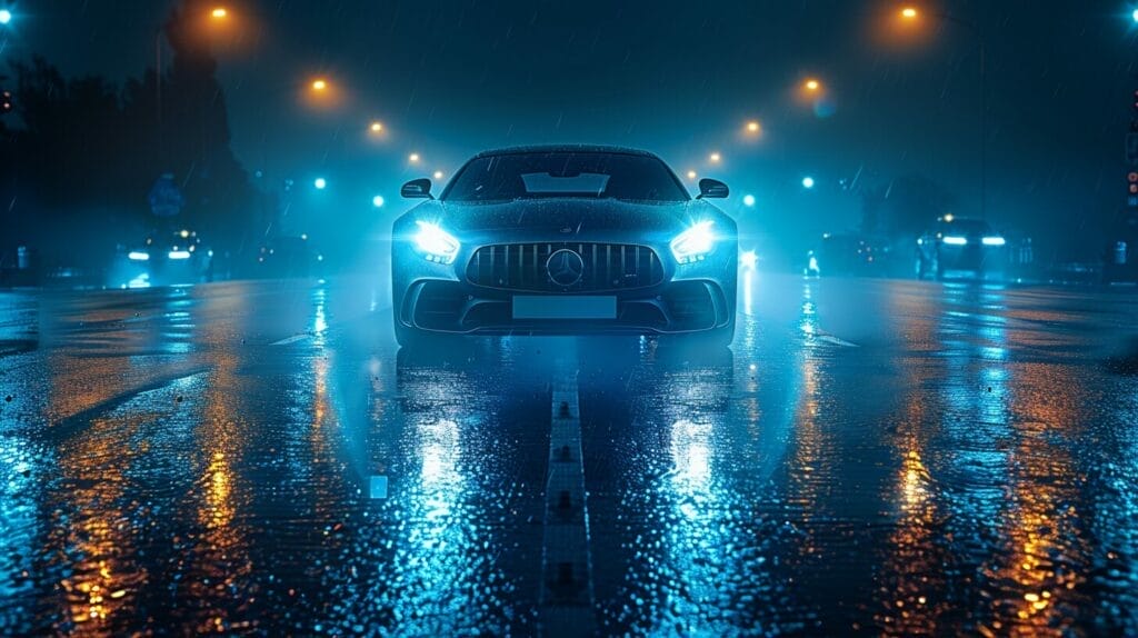 Car with bright white HID headlights illuminates a dark road next to a car with dim yellow halogen headlights