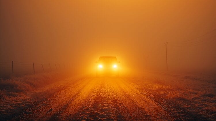 Car with bright yellow fog lights in fog