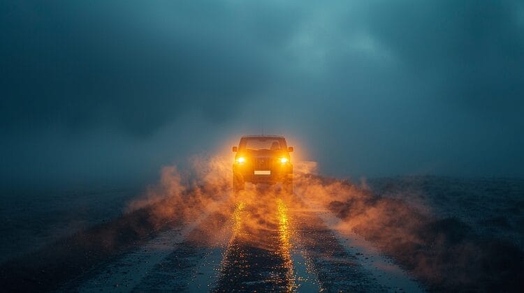 Car with yellow fog lights in thick fog