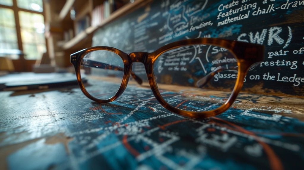 Chalkboard with SWR formulas, equations, wave diagrams, glasses on ledge