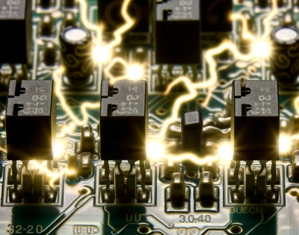 Circuit board with time delay fuses and crackling surges