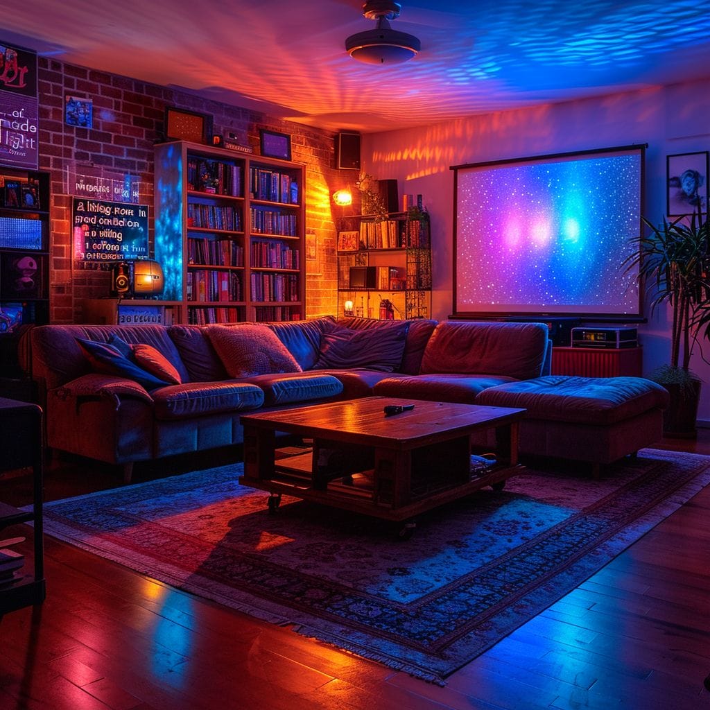 Colorful homemade laser light show in living room.