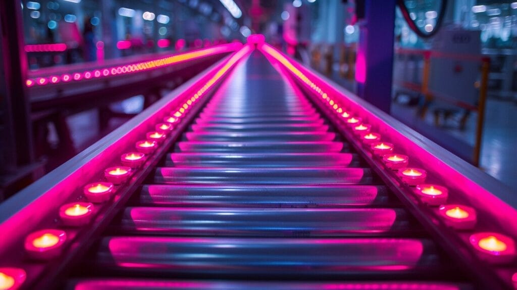 Conveyor belt with UV lights curing painted parts.