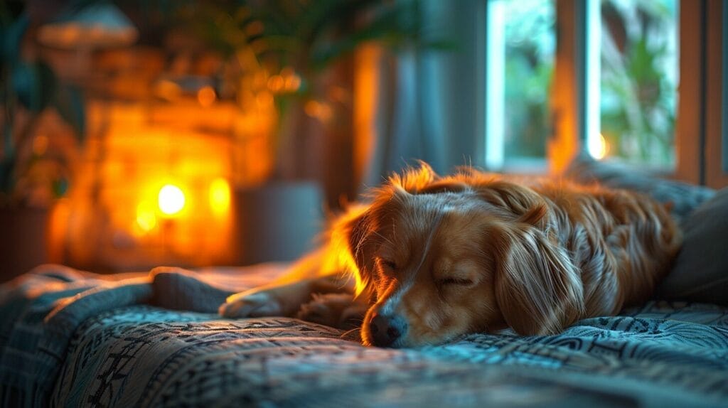 Cozy bedroom at night with soft night light and peaceful sleeping dog.