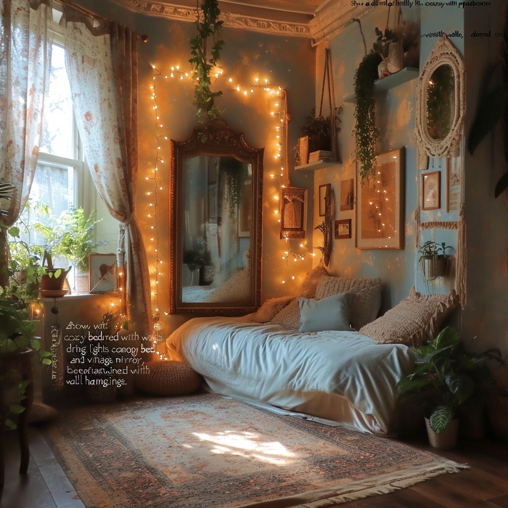 Rooms With String Lights featuring a Cozy bedroom with string lights over bed, mirror, and bohemian decor.