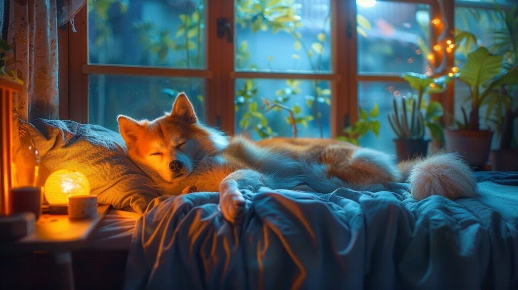 Cozy living room at night, dog sleeping with soft night light casting gentle glow.