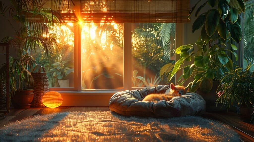 Cozy living room at night, relaxed dog by softly glowing night light, warm ambiance.