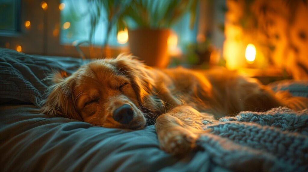 Cozy nighttime bedroom scene with sleeping dog, soft moonlight, and gentle night light.