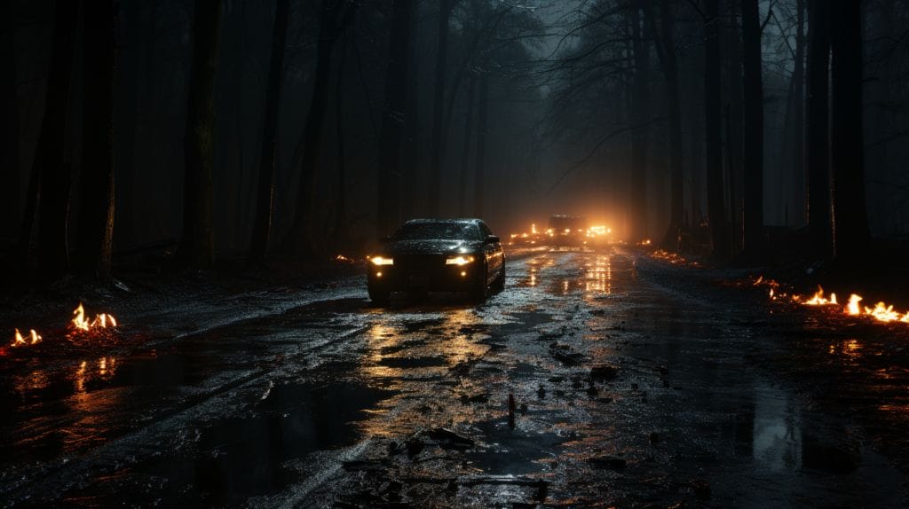 Dark road, high beam, warning symbols, wet asphalt, car silhouette