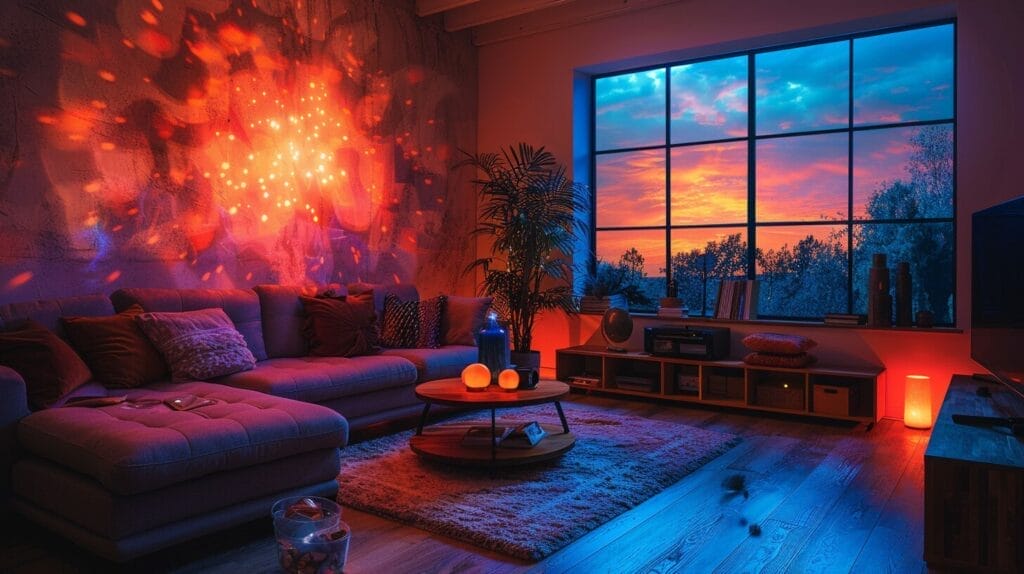 Dazzling laser light show in a vibrant home setting.