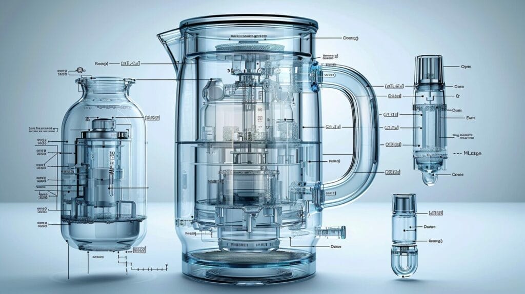 Detailed cutaway of a cordless electric kettle emphasizing safety features, heating elements, water reservoir, and control panel.