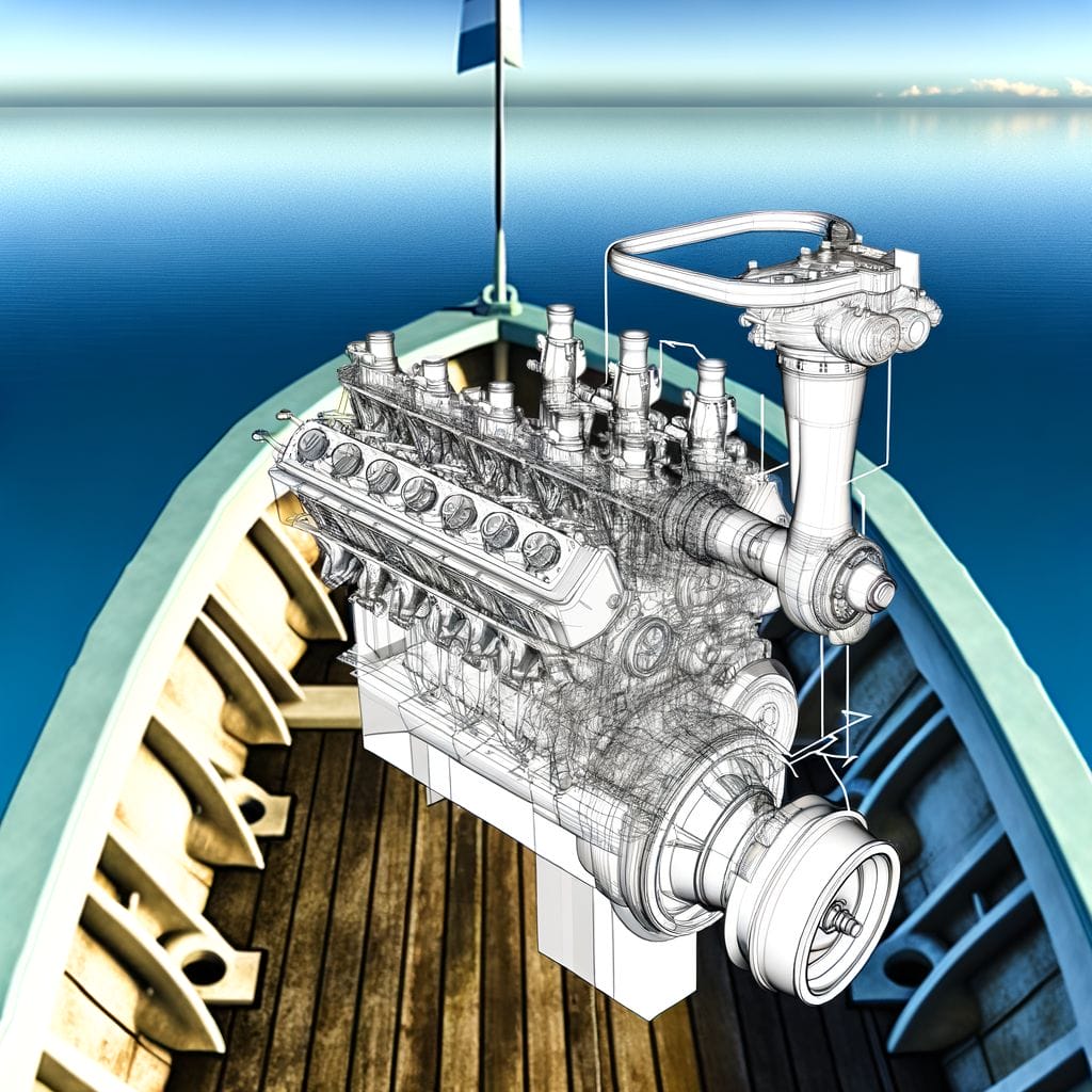 What Are Boat Risers featuring a Dissected marine engine, highlighted boat risers, open sea deck