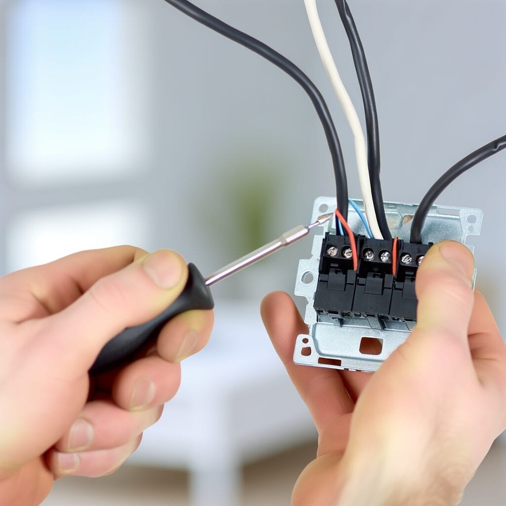 Electrical work, modern home, detailed hands, screwdriver, exposed wires.