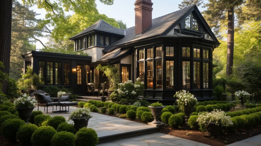 Elegant white house, black trim, lush greenery.