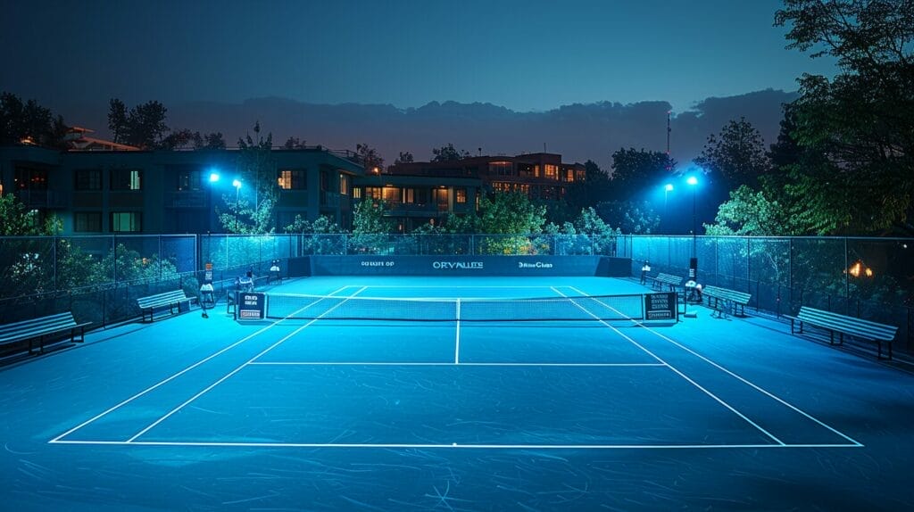 Fully illuminated tennis court, night, strategic light placement.