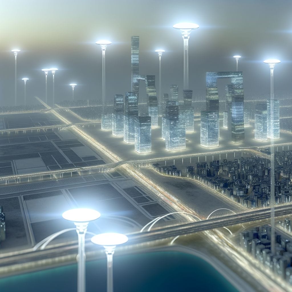 Futuristic cityscape with high mast lights.