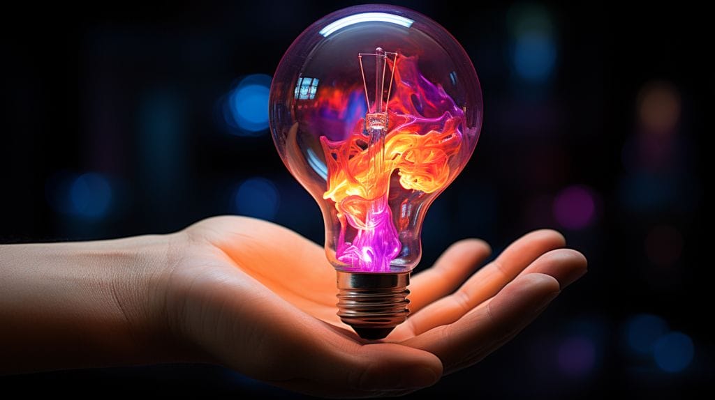 Hand holding LED bulb with colors representing Kelvin values and color spectrum backdrop.