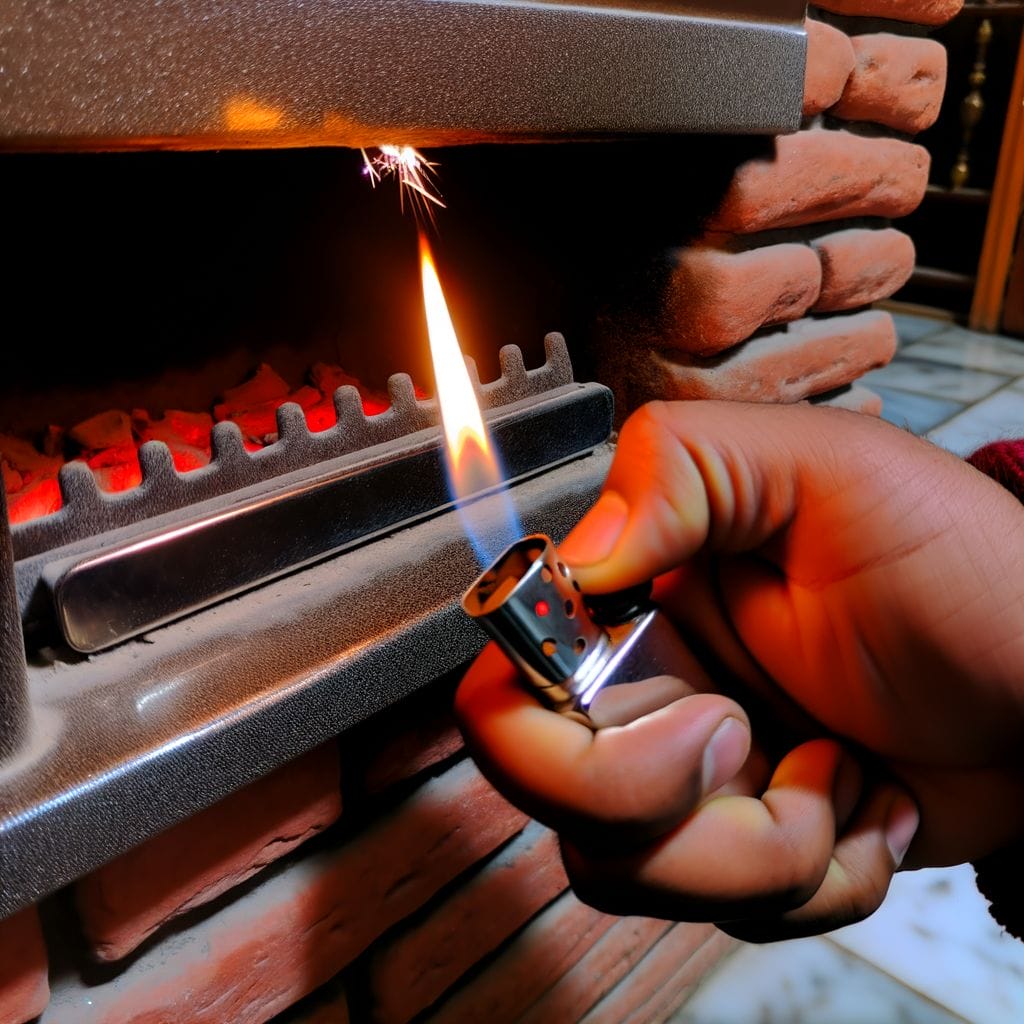 How Do You Light Pilot on Gas Fireplace featuring a Hand igniting gas fireplace pilot light with lighter.