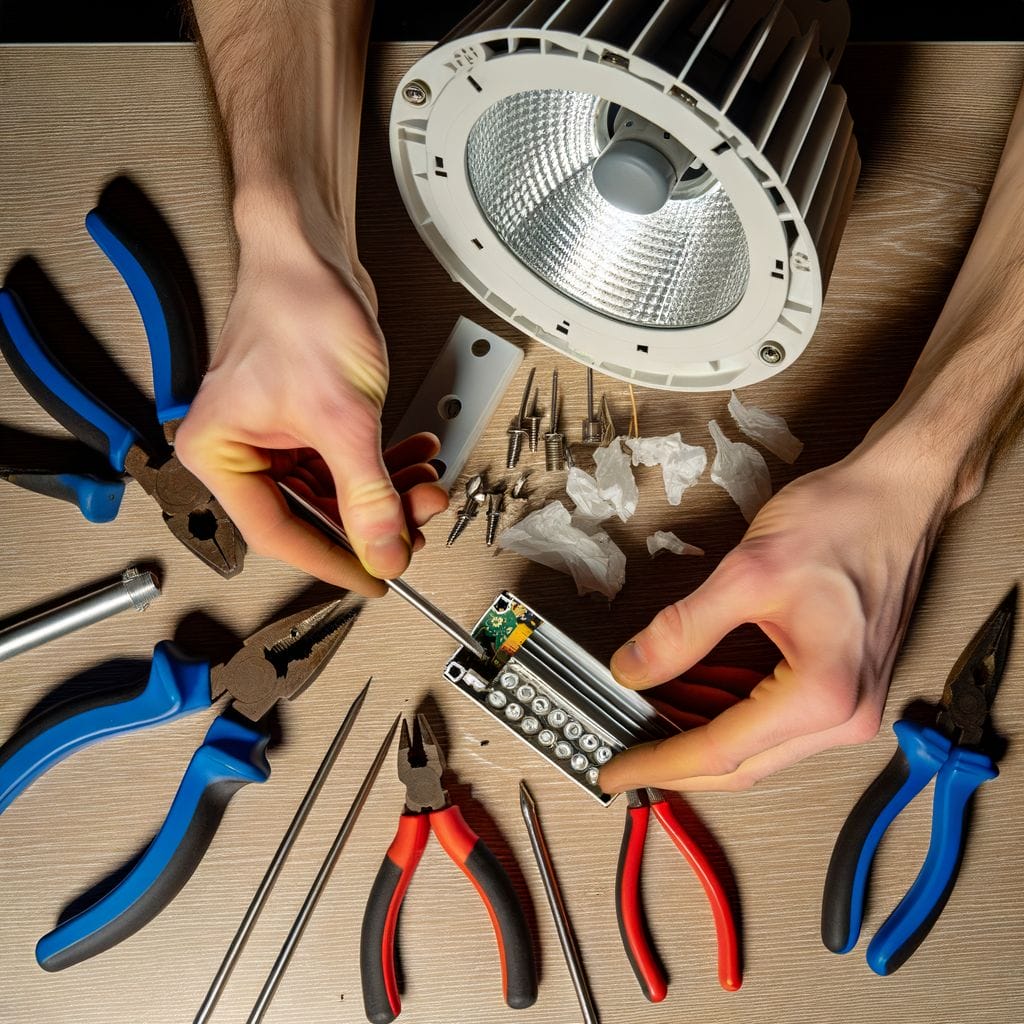 Hands removing ballast from LED fixture with tools