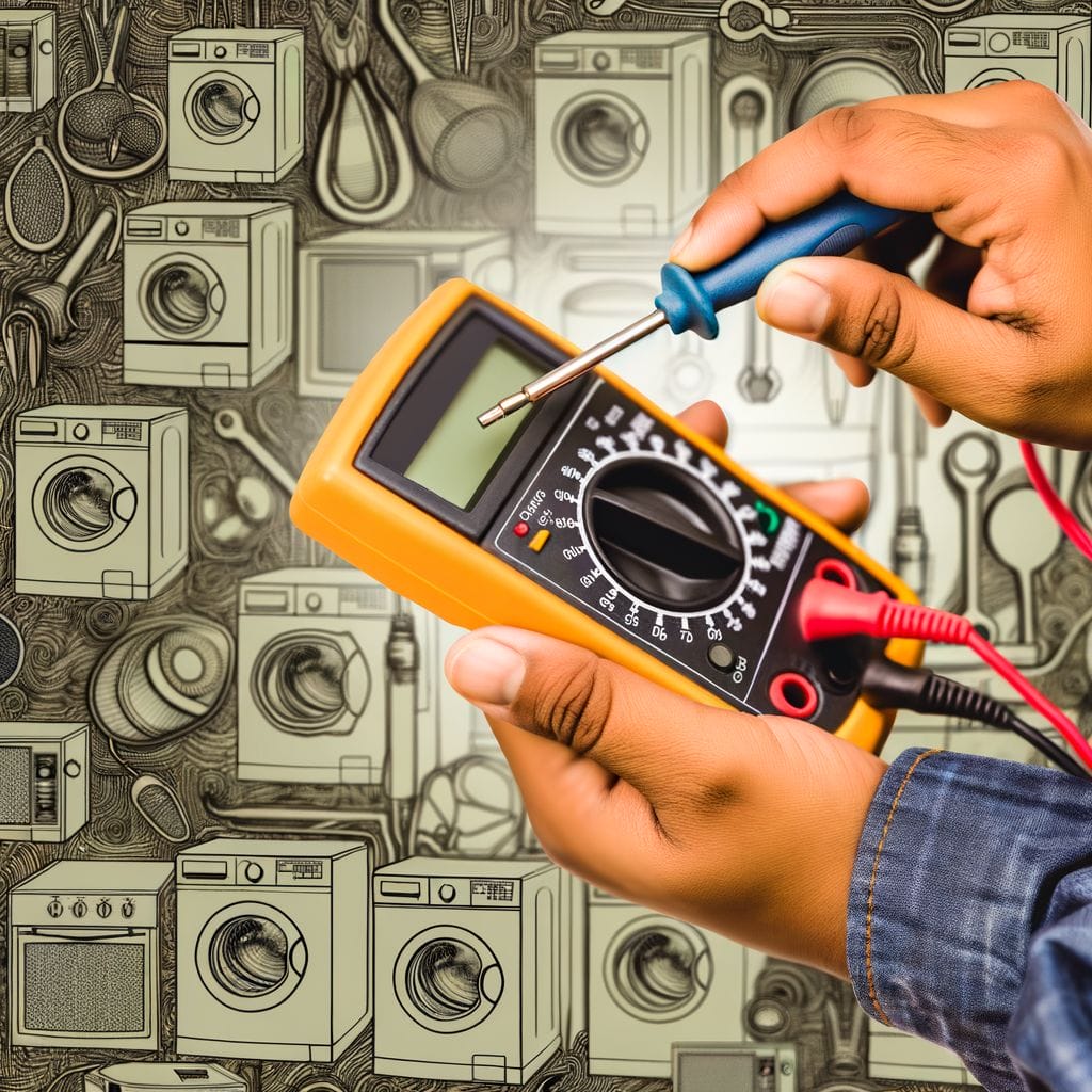 8 Gauge Wire Rating featuring Hands using multimeter on 8-gauge wire with appliances background.