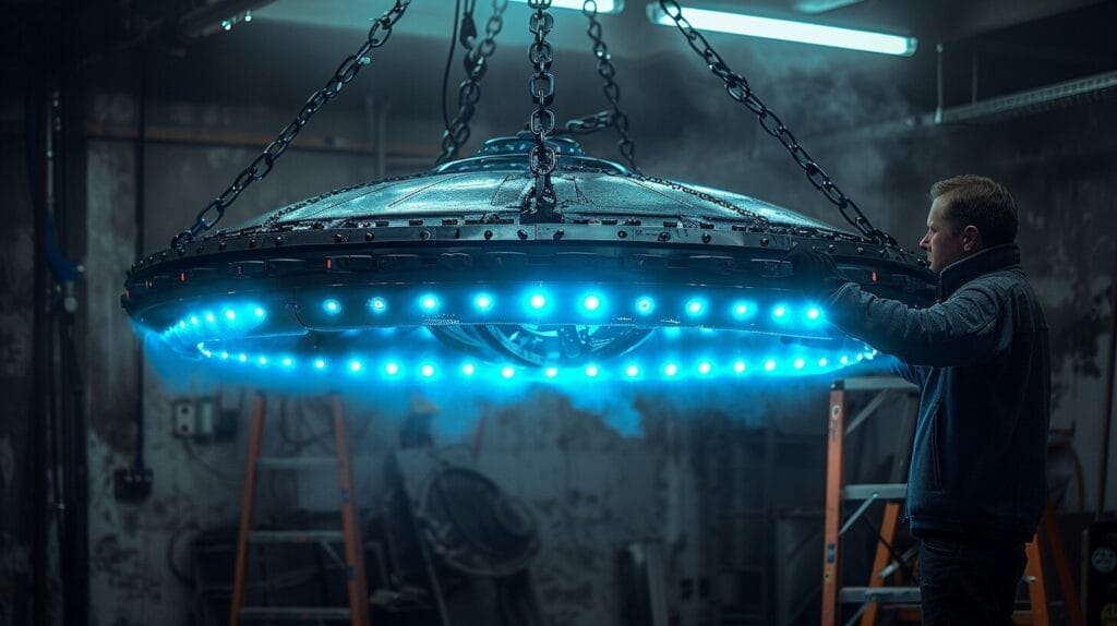 High bay UFO light fixture with person adjusting height