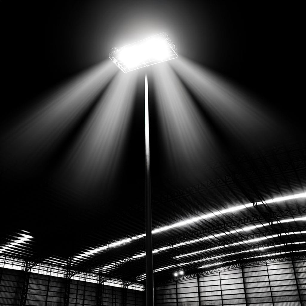 High mast LED light over dark warehouse.