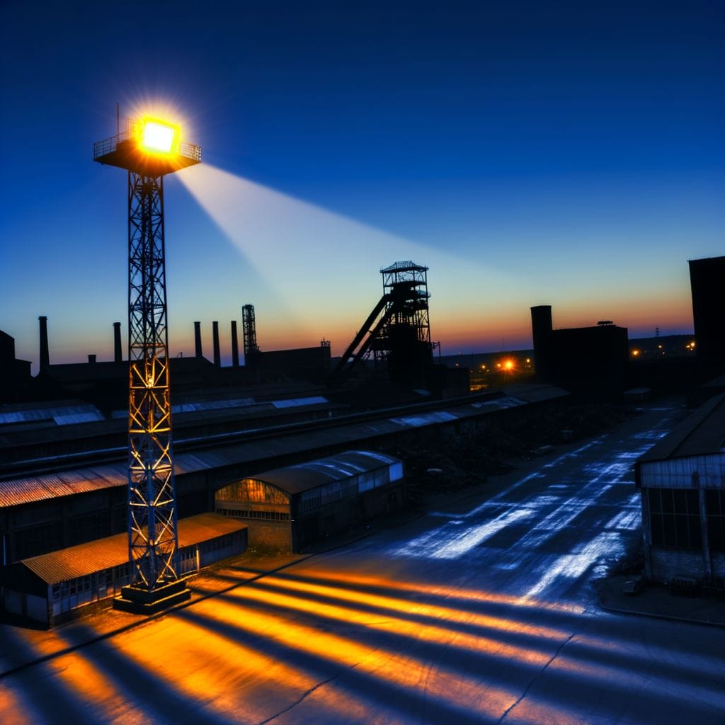 High mast light illuminating industrial area.