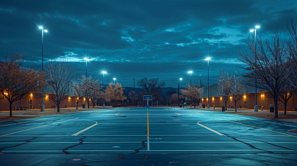 High-quality LED sport court lighting in action, providing bright, uniform coverage on a nighttime basketball court, emphasizing the need for proper maintenance and upgrades.