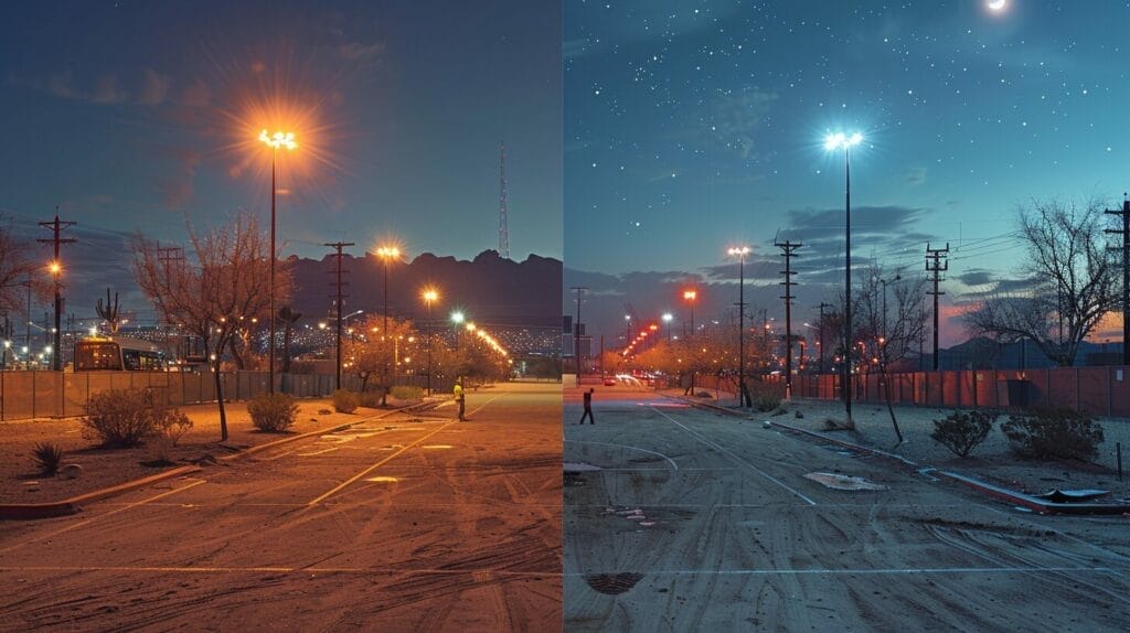 Image showing two different lighting installation methods, one using a crane for high poles, the other with workers installing low poles.