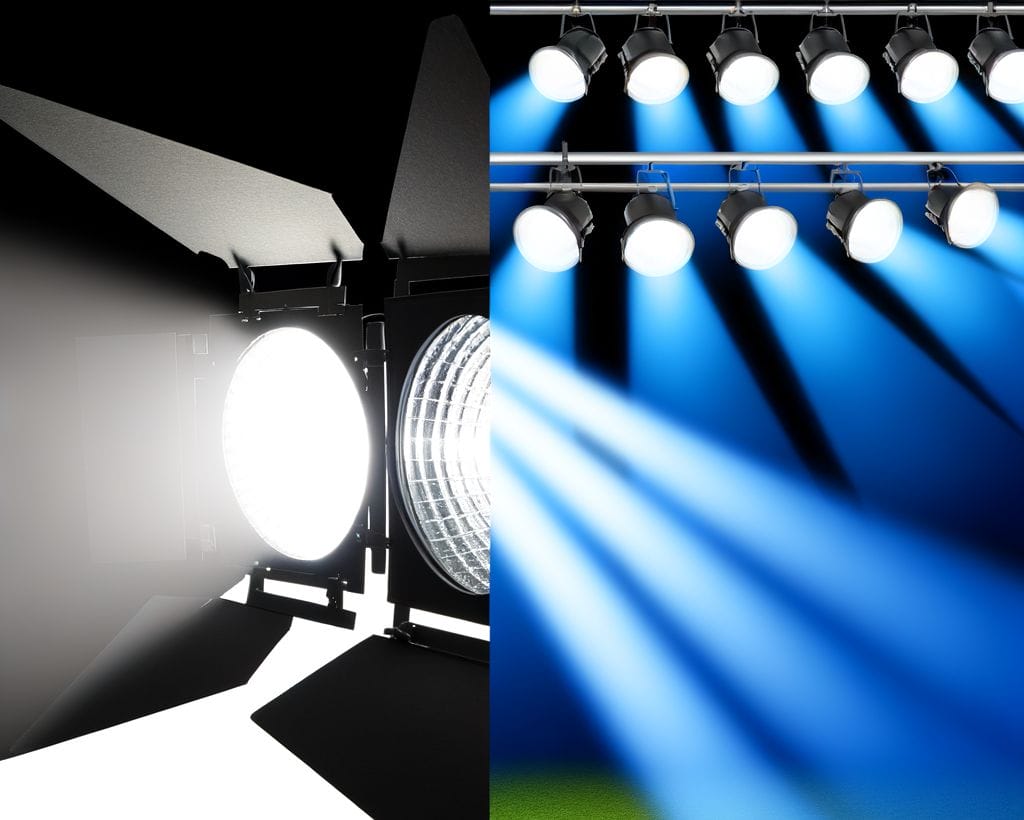 Indoor spotlight on an object and outdoor floodlight